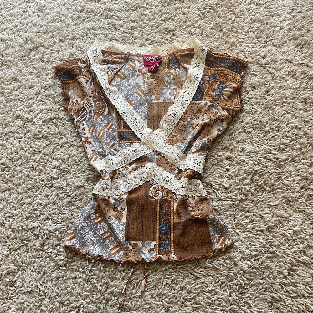Vintage Mudd Brown Cream and Blue Patchwork Lace-Trim Camisole